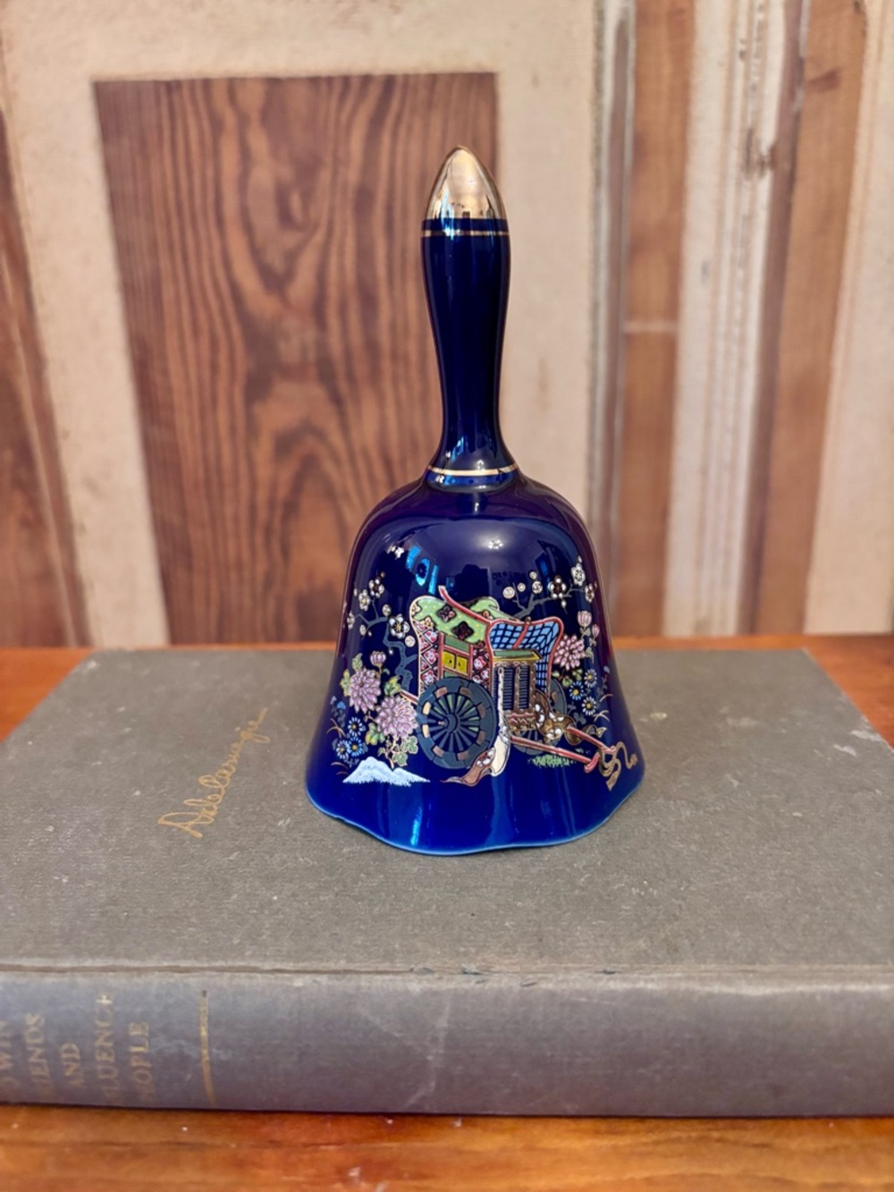 Cobalt Blue Decorative Bell with Hand-Painted Carriage Scene